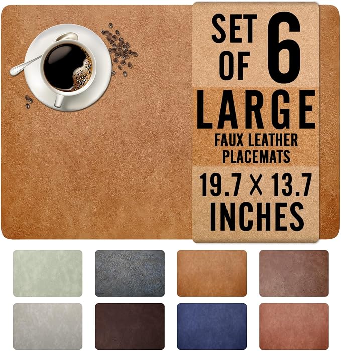 UnivoColors Washed Cowhide Pattern Faux Leather Big Size Placemats Set of 6, Waterproof Easy to Clean Anti-Slip PU Table Mats for Party Decoration19.7″×13.6″,Camel Retro Cowhide Pattern