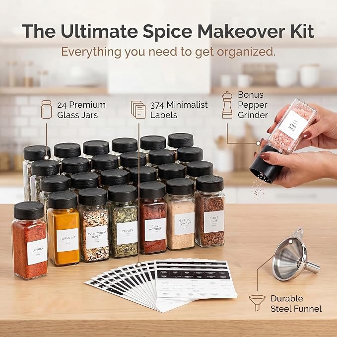 SAVVY & SORTED Glass Spice Jars with Label 24 PK - 4 Oz Spice Containers with 374 Minimalist Preprinted Labels Stickers, Pepper Grinder Funnel Shaker Lids, Empty Seasoning Containers Bottles