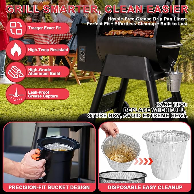 BAC608 Grease Bucket Liner for Traeger Timberline/Ironwood/Flatrock Grills | Fits Traeger timberline/timberline XL, lronwood/lronwood XL accessories, heat-resistant aluminum foil drip tray liner 30 pack