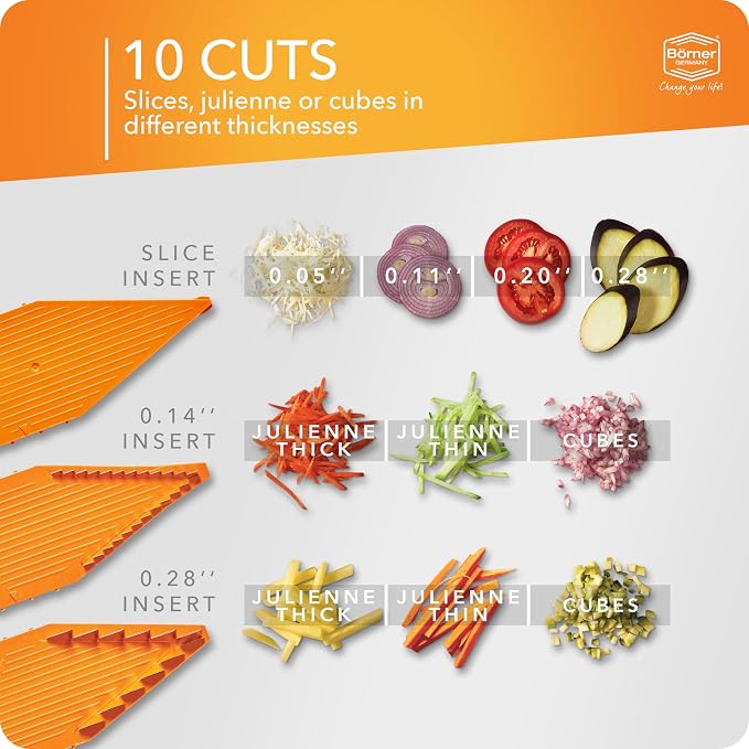 Börner Mandoline Slicer V5 (Professional Set) • Adjustable Vegetable Slicer (7-piece) • 10 Cutting Styles • Kitchen Slicer incl. Docking Station • Stainless Steel V-Blade • Color: Orange