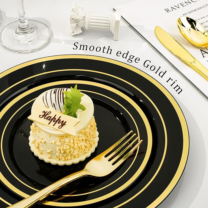 BESTVIP 300PCS Plastic Dinnerware Set, Black Gold Disposable Plates | for Party, Wedding, Anniversary, Includes: Dinner Plates, Dessert Plates, Cups, Spoons, Forks and Knives(50 Guests)