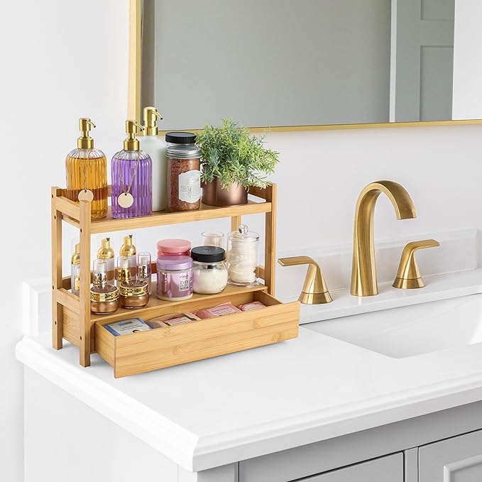 Sorbus 2-Tier Bamboo Countertop Shelf with Hidden Drawer for Vanity, Matcha Shelf, Bathroom Storage Cabinet, Under Sink Organizer, Bathroom Storage, Matcha Station Shelf (17″ L x 6.5″ W x 12.6″ H)