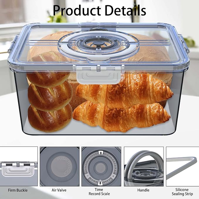 Bread Box with Lid and Handle,2026 New Upgrade Time Recording Bread Storage Container for Kitchen Counter Airtight,Portable Large Bread Boxes for Homemade Bagel, and Cookies,Not dishwasher safe