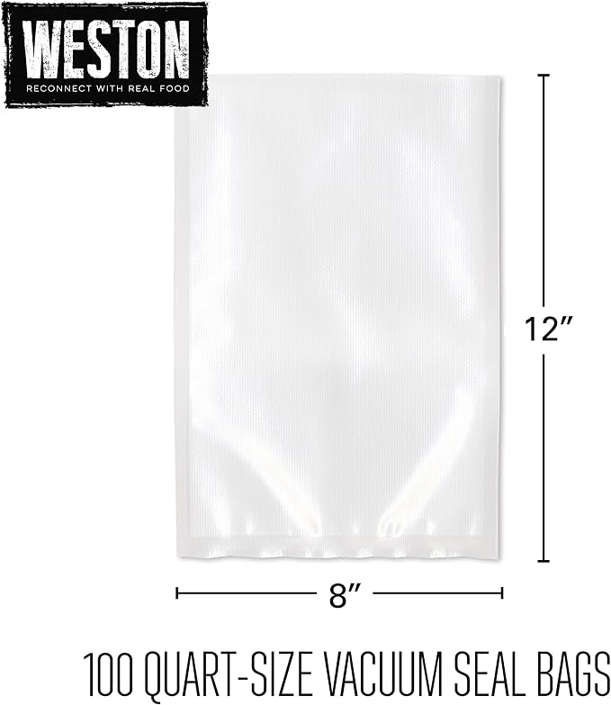 Weston 8" x 12" Quart Vacuum Sealer Bags For Meal Prep & Sous Vide | 2 Ply 3mm Thick | Compatible With NutriFresh & FoodSaver | BPA Free | 100 Count | Clear
