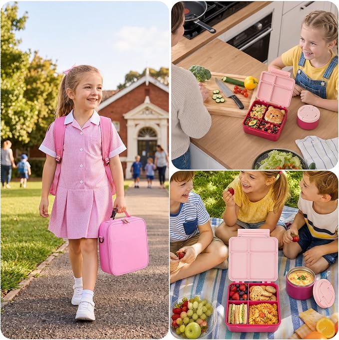 Bento Lunch Box Set with 8 oz Soup Thermo, Kids Leakproof 4 Compartments Hot Food Container with Sauce Cup, Ice Pack and Lunch Bag, Child Insulated Food Jar for School - Pink