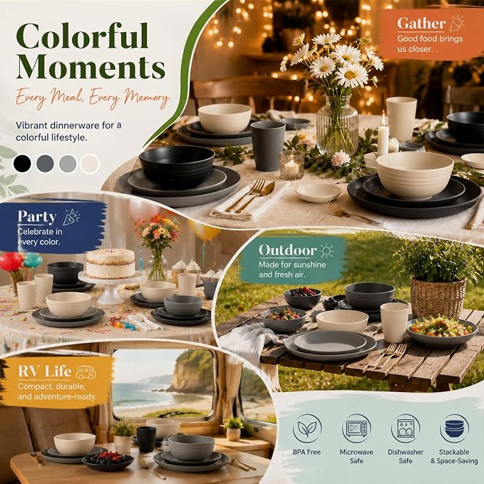 Kitchen Plates and Bowls Sets 40PCS,Wheat Straw Dinnerware Sets for 8 | Unbreakable Plates Bowls and Cups Set, Side Dishes, Microwave & Dishwasher Safe Dishware Sets, RV dishes Set, Black & Gray