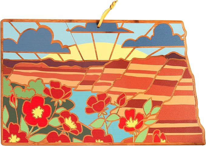 Totally Bamboo North Dakota State Shaped Cutting Board, Summer Stokes Art | State charcuterie board with colorful hand-drawn landscape art. Smooth reverse side for food prep. Hang tie for wall display.