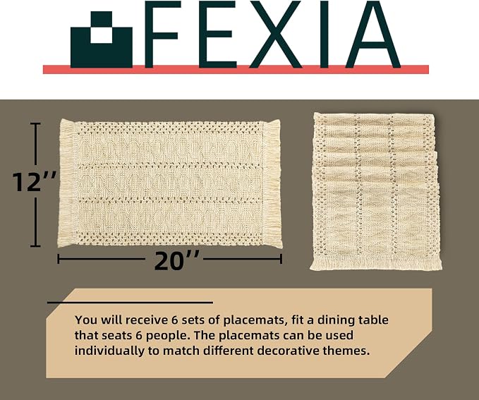 Boho Placemats Set of 6 Table Mats Farmhouse Home Dining Decor | 12x20" Place Mat Set of 6 Macrame Table Decor Farmhouse Burlap Placemats for Home Dining Table Centerpiece Home Decorations