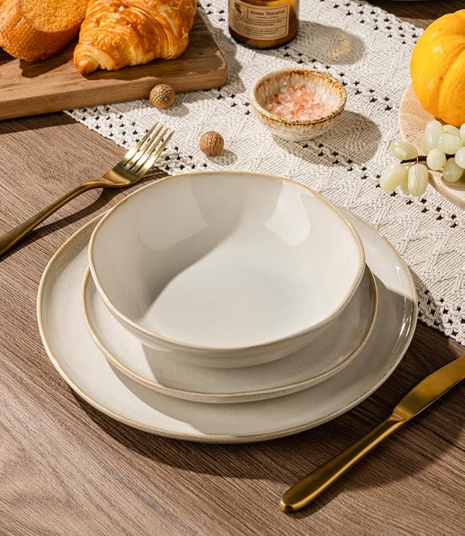 GBHOME Stoneware Dinnerware Sets for 8,24 Piece Rustic Plates and Bowls Set | Earthenware Handmade Reactive Glaze Plate Sets, Chip Resistant Ceramic Dishes, Microwave & Dishwasher Safe, Vanilla Cream