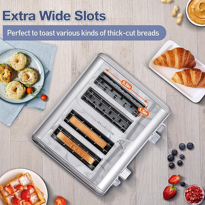 CUSIMAX 4 Slice Stainless Steel Toaster with Digital Display, Silver | LED Display with Countdown Timer, 6 Browning Levels, Bagel/Defrost/Cancel, Dual Independent Controls, 1.5" Extra Wide Slots