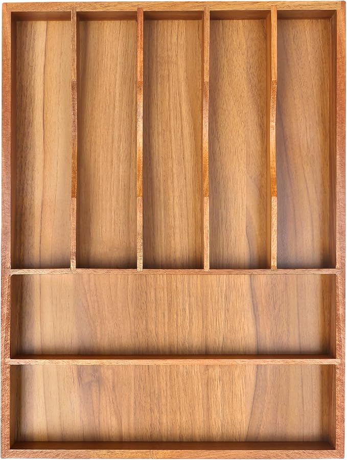 Bamboo Silverware Organizer, 12"x15.7" Utensil Holder Cutlery Tray with Grooved Drawer Dividers for Kitchen Flatware, Bedroom, Office (7 Slot, Acacia)