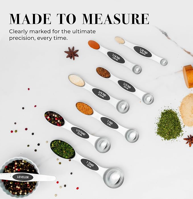 Styled Settings Stainless Steel Magnetic Measuring Spoons Set with Leveler | 8-Piece, Dual Sided, Stackable, BPA Free, Stainless Steel Measuring Spoons for Dry & Liquid Ingredient - Fits in Spice Jars
