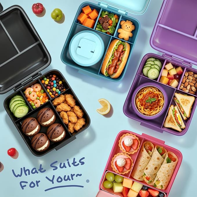 JXXM Bento Lunch Box for Kids with 8oz Soup Thermo,Leak-Proof Lunch Containers with 5 Compartment,Thermo Food Jar Food Containers for School (Blue-Octopus)