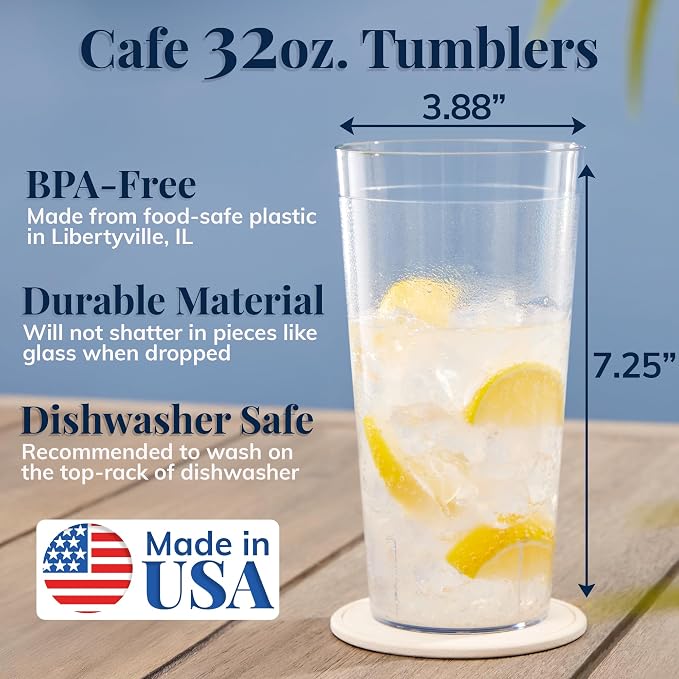 US Acrylic Cafe Plastic Reusable Tumblers, Clear, 32-Ounce, Set of 12 | Iced-Tea Cups, Restaurant Style, Stackable, BPA-Free, Made in USA