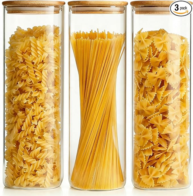 79oz Tall Glass Pasta Storage Containers with Airtight Bamboo Lids, 3 Pack | Pantry Jars for Pasta, Rice, Sugar & Flour, Durable Borosilicate Glass Canisters Keep Food Dry & Fresh, Easy to Fill & Clean