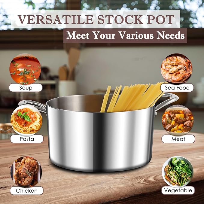 Herogo 6 Quart Stock Pot, 18/10 Stainless Steel Pasta Stockpot with Lid, 6 QT Cooking Pot with Handles, Tri-Ply Stockpot for Induction Gas Electric Stove, Dishwasher Safe