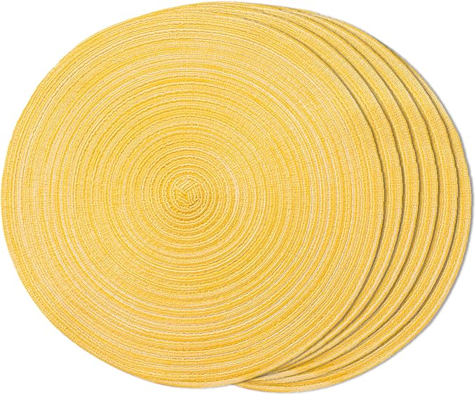 FunWheat Round Braided Placemats Set of 6 Place mats for Dining Tables Woven Heat Resistant Table Mats 15 inch (Yellow)