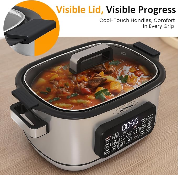 Sunvivi 12-in-1 Programmable Slow Cooker 6.5QT with Timer & Keep Warm | Multicooker with Timer & Temp Control, Dishwasher Safe Lid & Removable Nonstick Crock, Stainless Steel Rack, Sliver