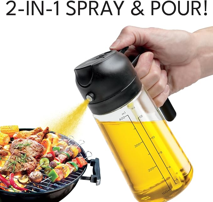 Olive Glow Cooking Oil Dispenser, 400 mL 2-in-1 Spray & Pour Glass Bottle, Leakproof & Refillable for Air Frying, Roasting, Grilling, Fine Mist for Salads, Works with All Types of Cooking Oils