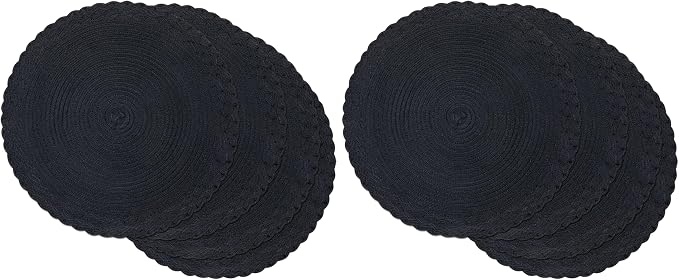 SHACOS Round Placemats Set of 4 Boho Braided Border 15 inch Circle Place Mats Washable Fabric Table Mats for Kitchen Dining Table, Black (Pack of 2)