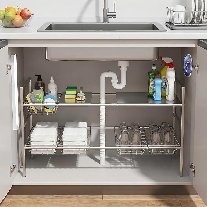 Under-Sink Organizer 2-Tier Expandable Cabinet Storage (5 panels 5baskets) | LED Motion-Sensing Auxiliary Lighting Dial Thermometer Stainless Steel Telescopic & Adjustable Rust-Resistant