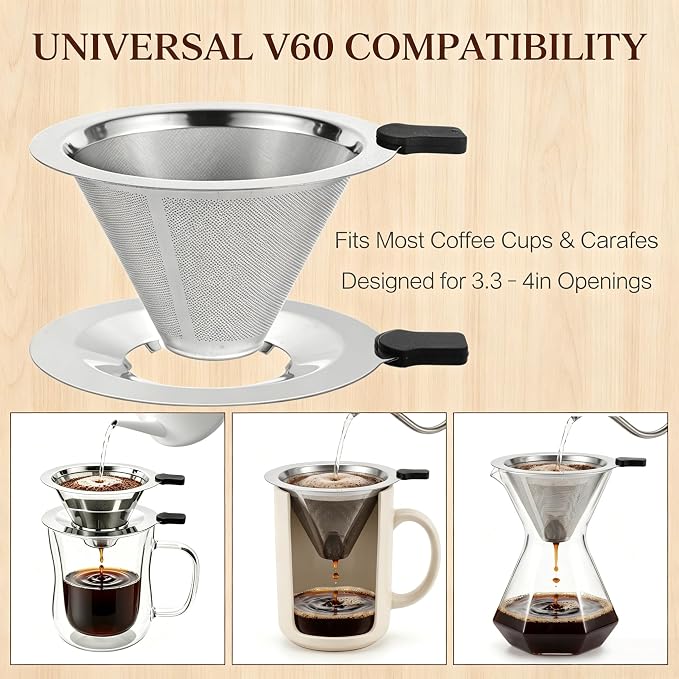 2-in-1 Immersion & Pour Over Coffee Maker, 300ml Single Serve Coffee Brewer with Reusable 600-Mesh Stainless Steel Filter, Double-Wall Glass Coffee Cup for Richer Extraction & Faster Brewing