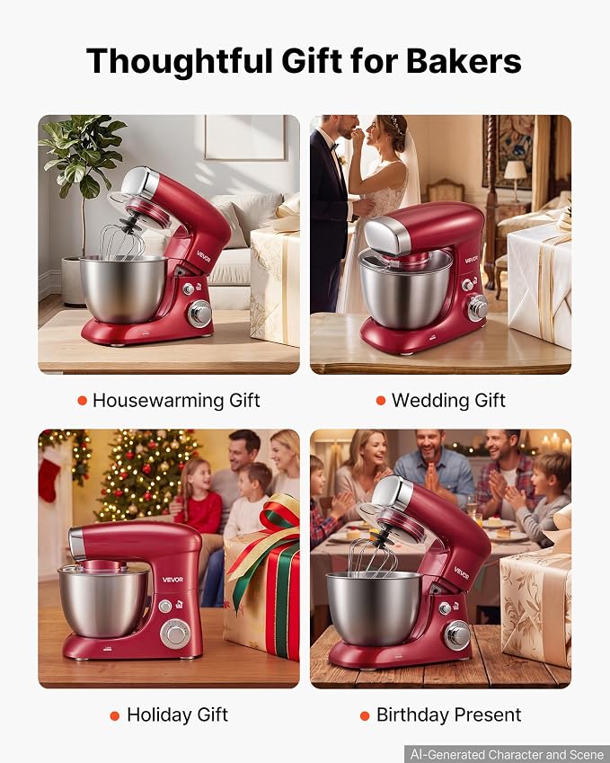 VEVOR 4.2 Qt Tilt Head Stand Mixer 400W Electric Dough Mixer, 6 Speeds Food Kitchen Mixer with Stainless Steel Bowl, Splash Guard, Dough Hook, Whisk, Beater, for Baking Mixing Whipping
