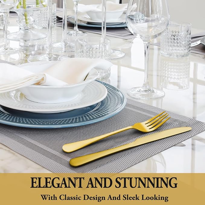 36 Pcs Gold Silverware Set with Steak Knives, Stainless Steel Flatware Cutlery Set for 6, Kitchen Tableware Sets, Utensil Sets for Home and Restaurant, Dishwasher Safe