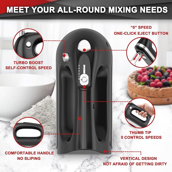 Lord Eagle Hand Mixer Electric Handheld 400W,5-Speed, Lightweight, Black | Kitchen Mixer with Storage Case, 5 Stainless Steel Attachments for Baking Cake Egg Cream Food Beater, Turbo+Eject Button