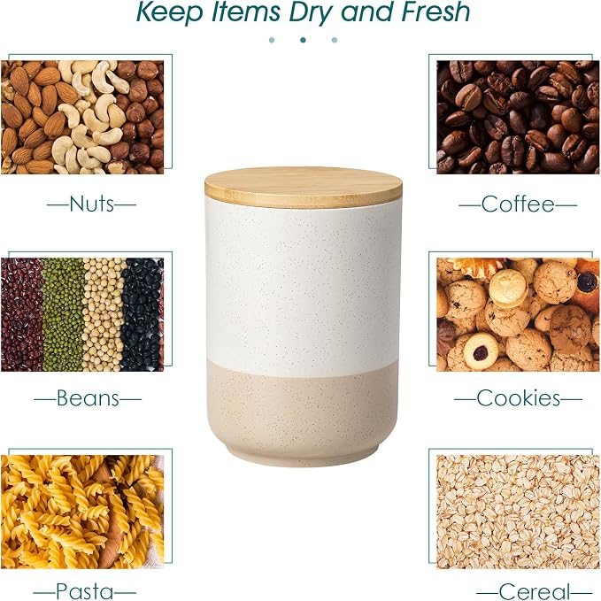 vancasso Sabine Kitchen Canister Set of 3, Ceramic Food Storage Containers with Airtight Wood Lids, Countertop & Pantry Organization for Flour, Sugar, Coffee, Tea & Snacks