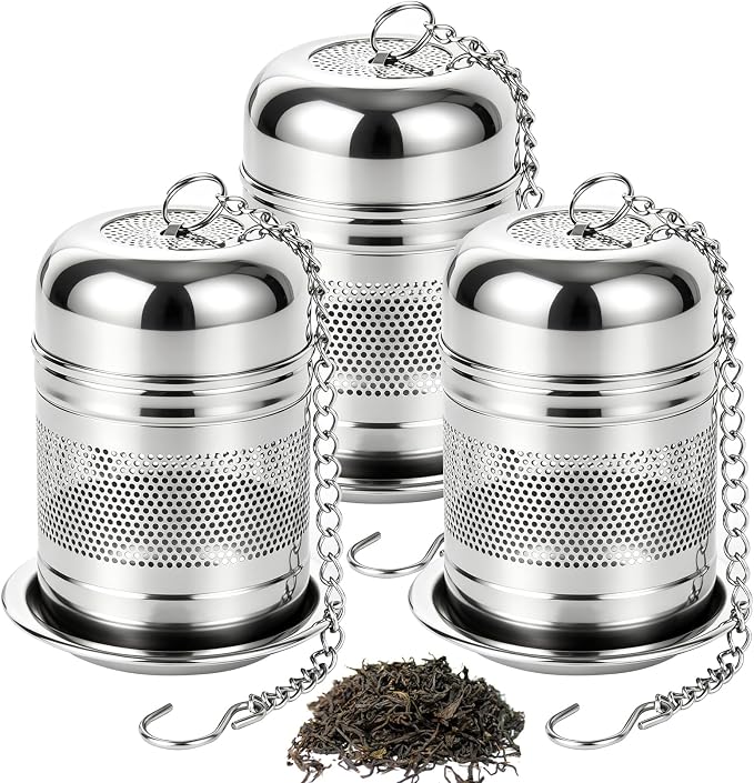 3Pcs Tea Infuser, 304 Stainless Steel Extra Fine Mesh Tea Strainer with Secure Threaded Lid & Hanging Chain, Reusable Loose Leaf Tea Filter for Home Restaurant Camping