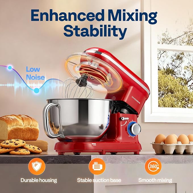 VIVOHOME Stand Mixer, 6-Quart Tilt-Head Kitchen Mixer with Bowl, Red | 10 Speeds, Splash Guard, Dough Hook, Beater, Whisk, Egg Separator, for Cake & Bread