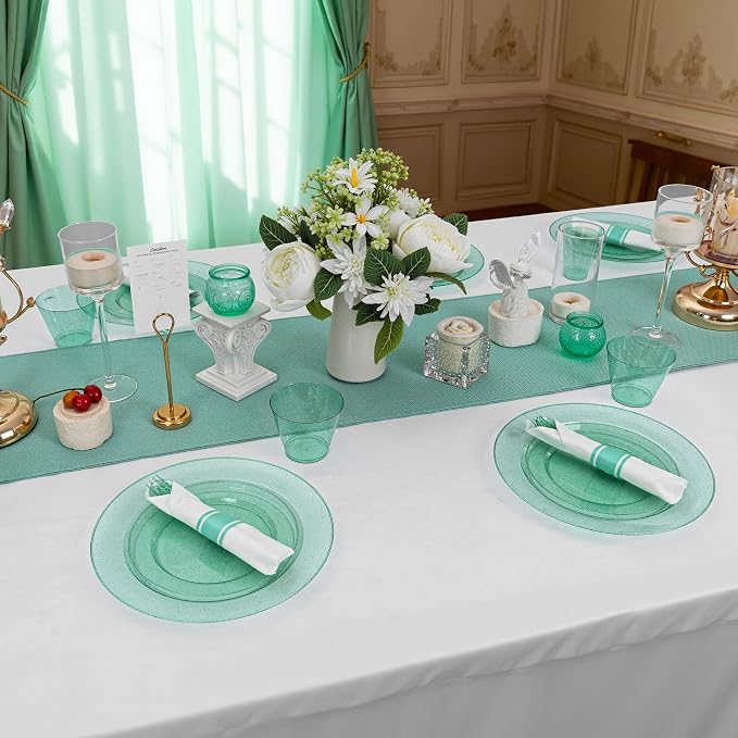DaYammi 210PCS Green Glitter Plastic Dinnerware Set for 30 Guests, Fancy Disposable Plates for Party, Include: 30 Dinner Plates, 30 Dessert Plates, 30 Pre Rolled Napkins and 30 Cups