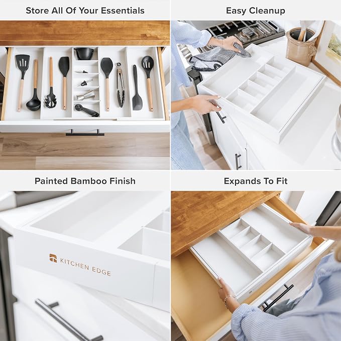 Utensil & Junk Drawer Organizer, 19-33 in, White Bamboo | Food-safe contract grade, 100% sustainable wood, non-slip, adjustable
