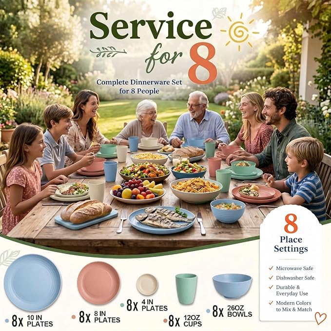 40PCS Dishes Set,Kids Plates and Bowls Set,Unbreakable Dinnerware Set | Wheat Straw Dinnerware Sets for 8, Kitchen Plates Bowls and Cups Set, Soy Sauce Dish, Microwave Safe Dishware Sets, Nordic