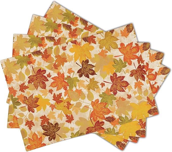 Fall Placemats Set of 4 18x12 Inch Autumn Maple Leaves Linen Place Mats Heat-Resistant Washable Wipeable Orange Season Holiday Table Mat for Party Kitchen Dining Room Dinner Table Decor