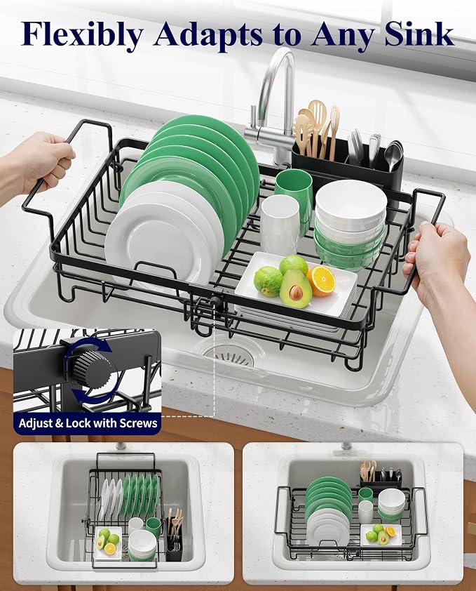 Kitsure Expandable in-Sink or Over-Sink Dish Drying Rack, Large, Black | Rust-Resistant Dish Rack for Kitchen Counter, Dish Drainer with Cutlery Holder, 10.82"-17.12" L x 11.02" W x 3.93" H
