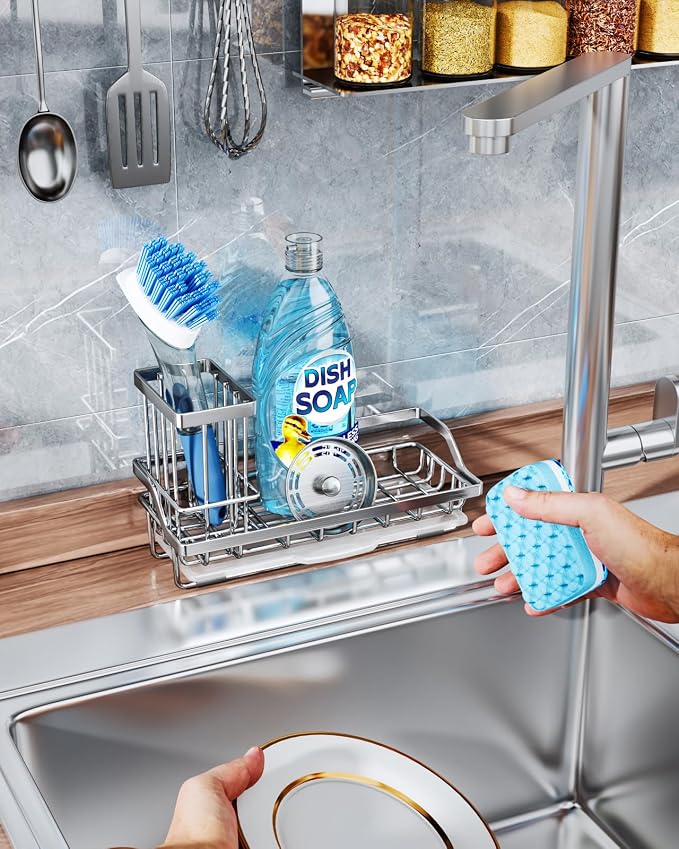 Consumest Sink Caddy, Kitchen Sponge Holder with Dish Brush Holder, Kitchen Organizer with Drip Tray for Countertop, Stainless Steel Rustproof - Silver
