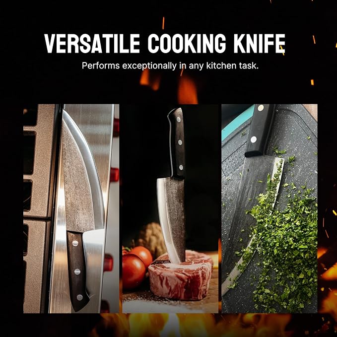 Chefs Knife - 8” Hand-Forged High Carbon Steel Full Tang Kitchen Knife With Wood Handle - Razor Sharp Knife For Kitchen with Leather Sheath
