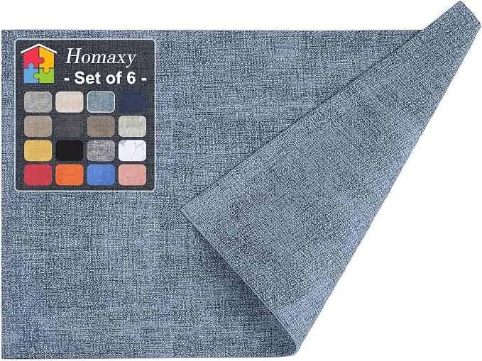 Homaxy PU Faux Leather Placemats for Dining Table, Set of 6, Blue | Waterproof Wipeable Washable Table Mats, Easy to Clean Anti-Slip Place Mats, 11.8" x 17"