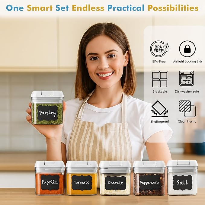 Shazo 6 PC Airtight Food Storage Containers + 6 Spoons Included - BPA Free Plastic Snack & Spice Containers with Easy Lock Lids - Kitchen and Pantry Organization for Herbs Coffee Tea - 0.5L / 2.1 Cup