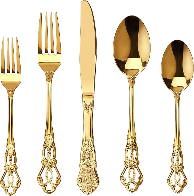 Runfly Gorgeous Retro Royal Gold Stainless Steel 20-Piece Flatware Set | Silverware Set for 4, Anti-rust Cutlery Set Utensils Kitchen Including Fork Spoon and Knife