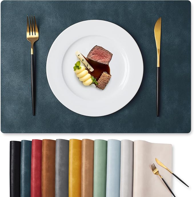 MOSAYT Vinyl Placemats Set of 12-12 X 17 Inch - Faux Leather 100% Waterproof Oil-Proof Wipeable PU Place Mats, Heat Resistant Reversible Table Mats for Kitchen, Dining, Outdoor, Navy Blue