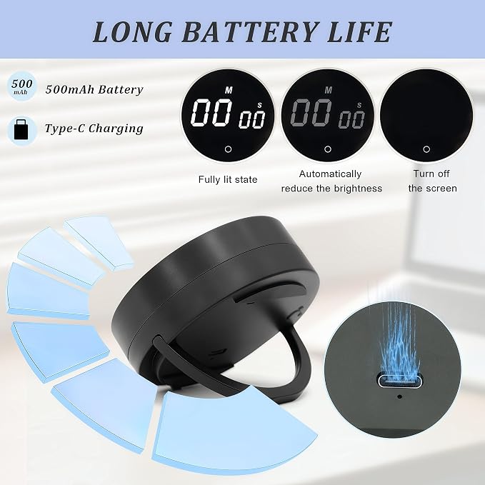 2Pcs Digital Kitchen Timer - Magnetic 199-Minute Countdown Countup Timer with Large LED Display,Volume Adjustable, Visual timers for Cooking,Gym,Meeting,Classroom,Study,Work,Outdoor Activities,Black