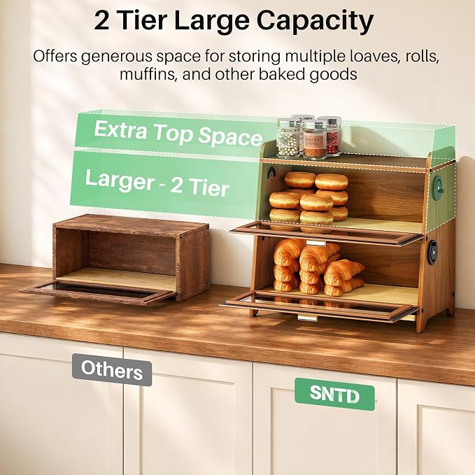 SNTD 2 Tier Bread Box for Kitchen Countertop, Adjustable Ventilation, Brown | Bamboo Cutting Board, Airtight Design, See-Through Magnetic Door, Bread Storage Container for Homemade Bread, Multi-purpose