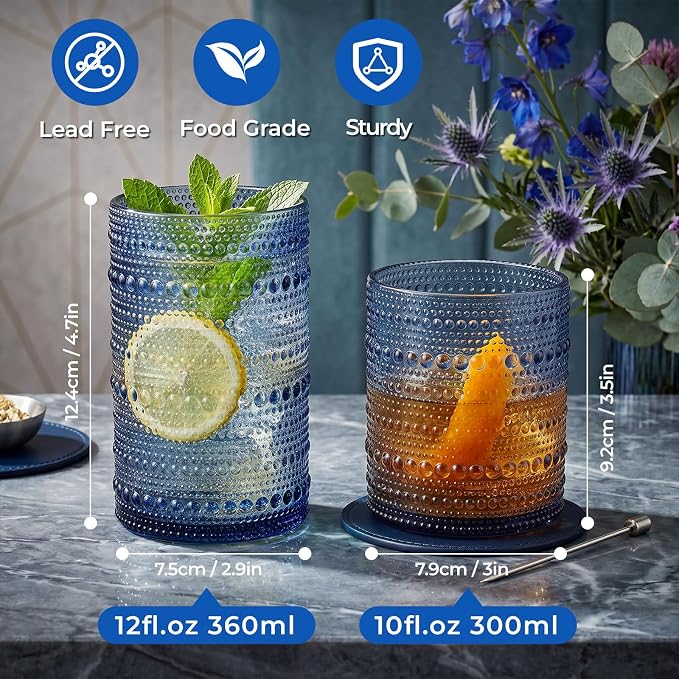 Hobnail Drinking Glasses Set of 12 Kitchen Glass Cups Glassware, Blue | 12 oz Highball Glasses & 10 oz Cocktail Glasses, Clear Embossed Glassware Set for Beer, Juice, Cocktail, Whiskey, Milk