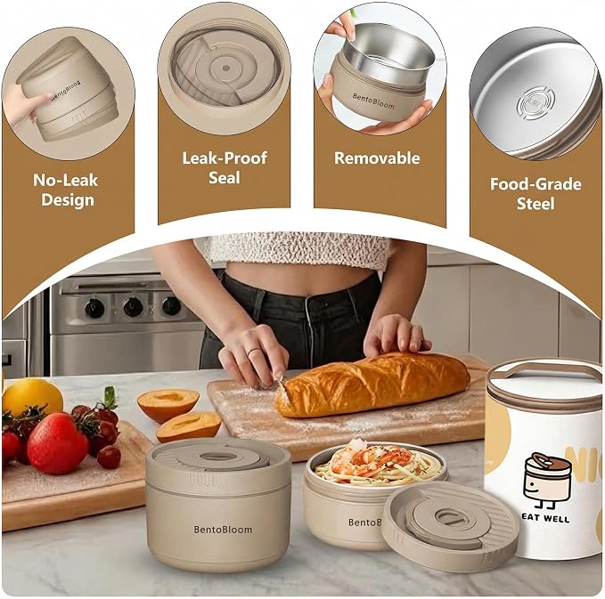 Bento Box Adult — Round Stackable Lunch Box for Women (450ml & 600ml) with Insulated Carry Bag | 304 Stainless Steel Removable Inserts | Microwave & Dishwasher Safe, Brown