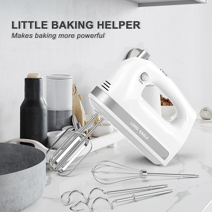 Lord Eagle Hand Mixer Electric Handheld 400W, 5-Speed with Storage Bag | Lightweight Kitchen Mixer, 5 Stainless Steel Attachments for Baking Cake Egg Cream Food Beater, Stain-resistant & Waterproof