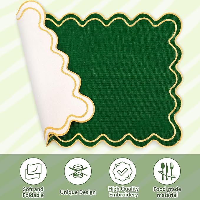 Whaline Green Linen Placemats Embroidered Scalloped Kitchen Place Mats for Birthday Party Home Dining Table Decor, Set of 6, 13 x 19 in