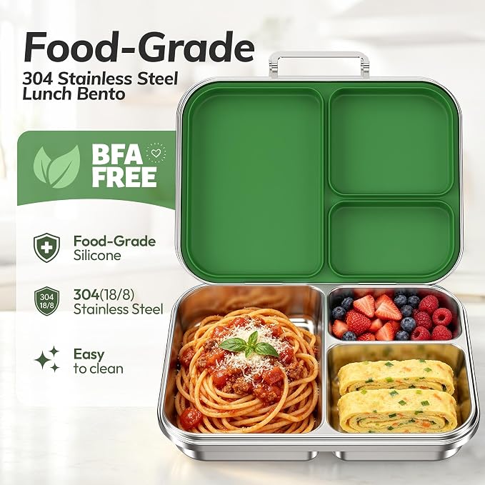 Stainless Steel Bento Lunch Box for Kids and Adults,3 Compartment Meal Lunch Box with Detachable Silicone Lid,Leak-Resistant Food Container with Snack Cup for School,BPA-Free(Green)